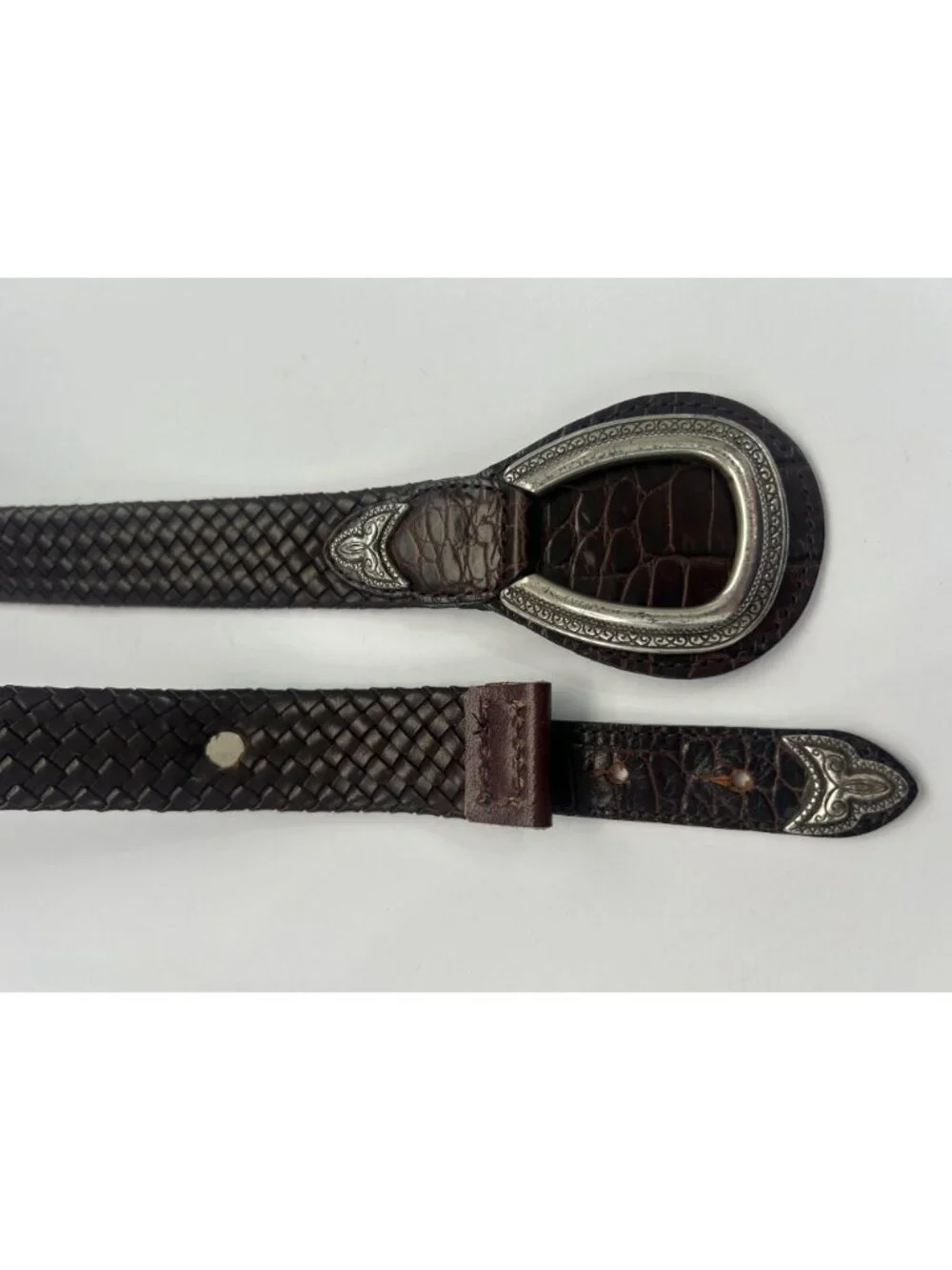VTG Brighton Brown Woven Leather Belt Silver Buckle Gator Embossed Western Sz S